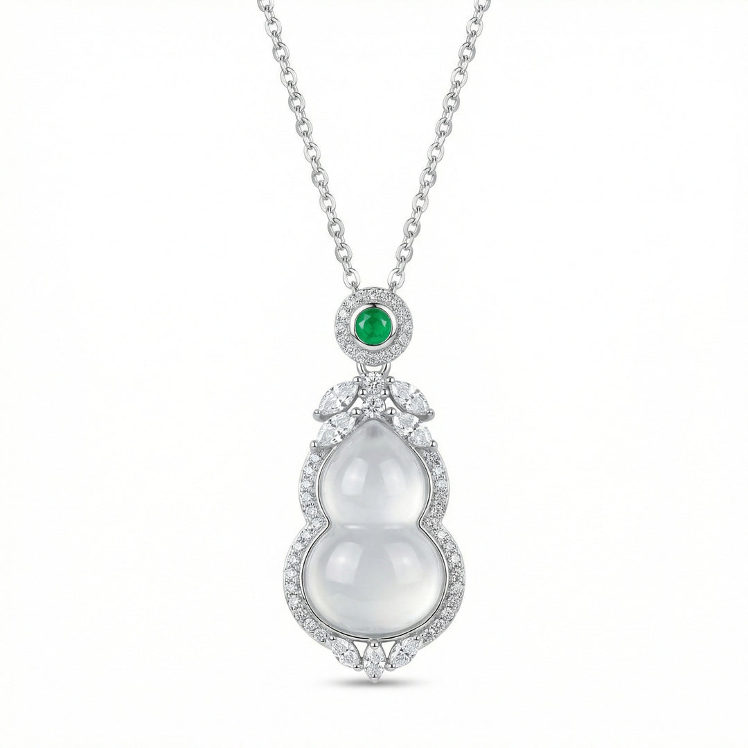 925 Sterling Silver Elegant White Jadeite Wulu Pendant Necklace with Emerald Accent and Diamond Halo