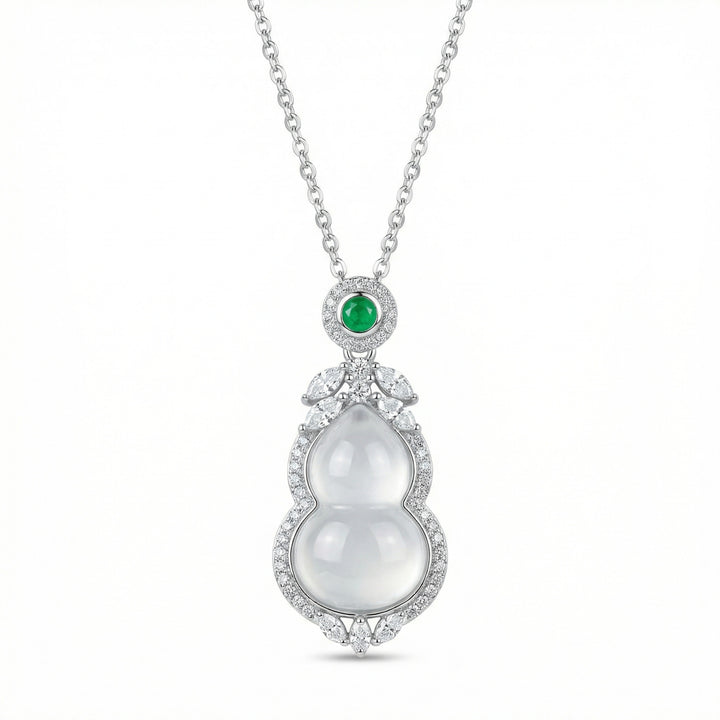 925 Sterling Silver Elegant White Jadeite Wulu Pendant Necklace with Emerald Accent and Diamond Halo