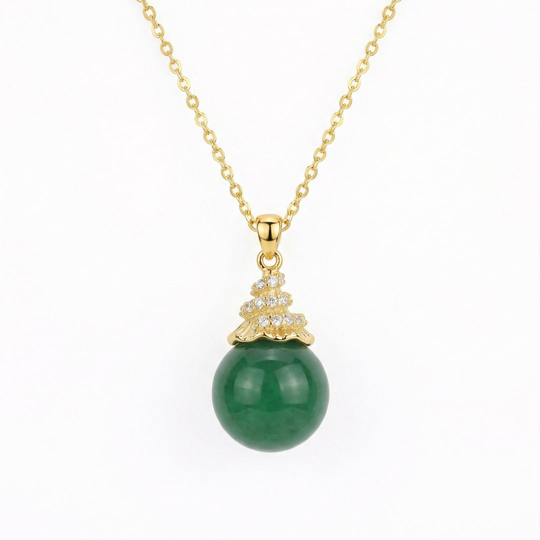 925 Sterling Silver Round Green Jade Pendant Necklace – Sparkling Accents on Delicate Chain