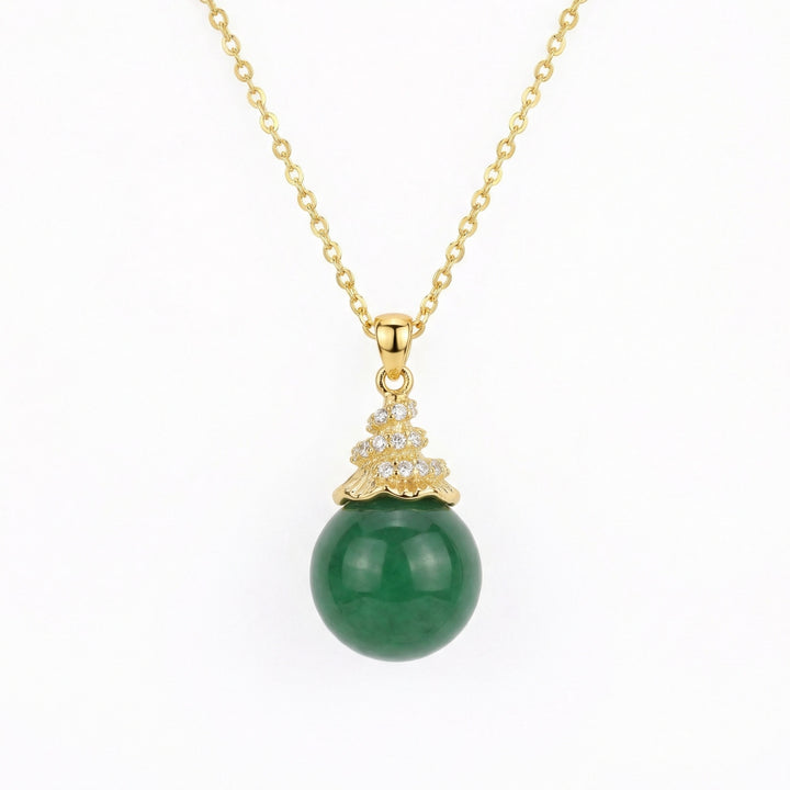 925 Sterling Silver Round Green Jade Pendant Necklace – Sparkling Accents on Delicate Chain