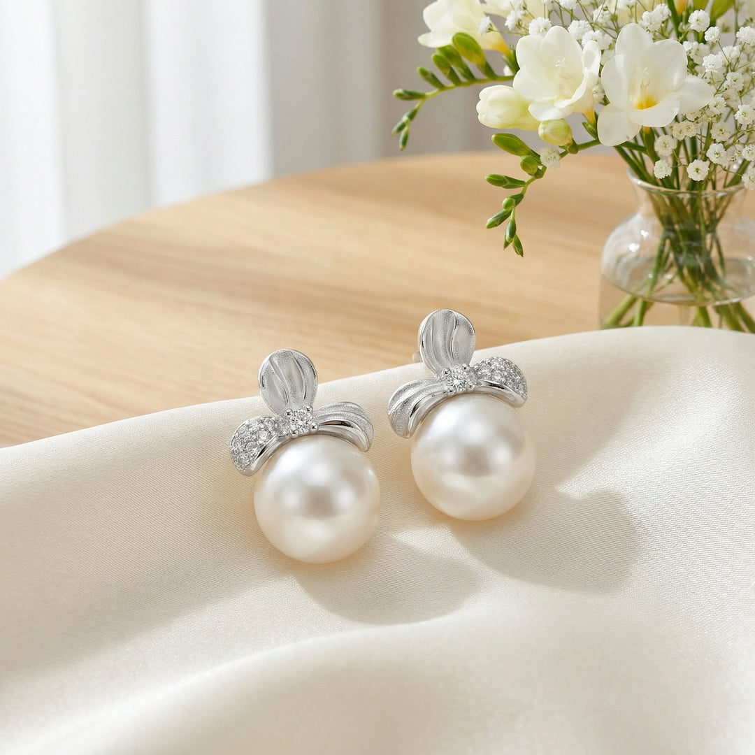 925 Sterling Silver Elegant Floral White Pearl Earrings with Shimmering Diamond-Accented Silver Settings