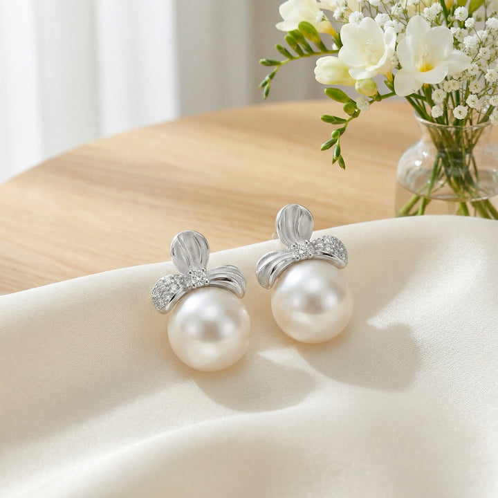 925 Sterling Silver Elegant Floral White Pearl Earrings with Shimmering Diamond-Accented Silver Settings