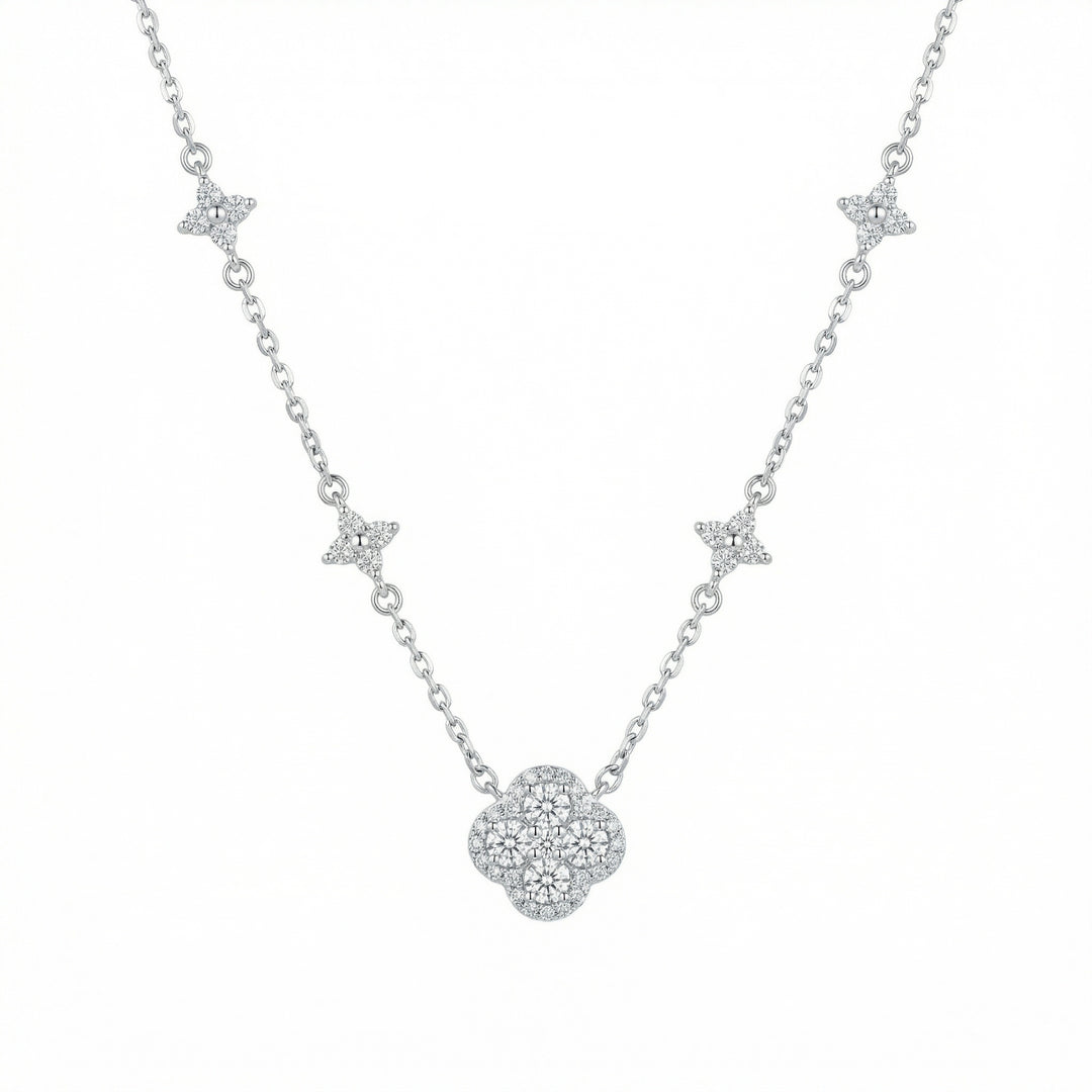 ✨ 925 Sterling Silver Diamond Four-Leaf Clover Station Necklace ✨