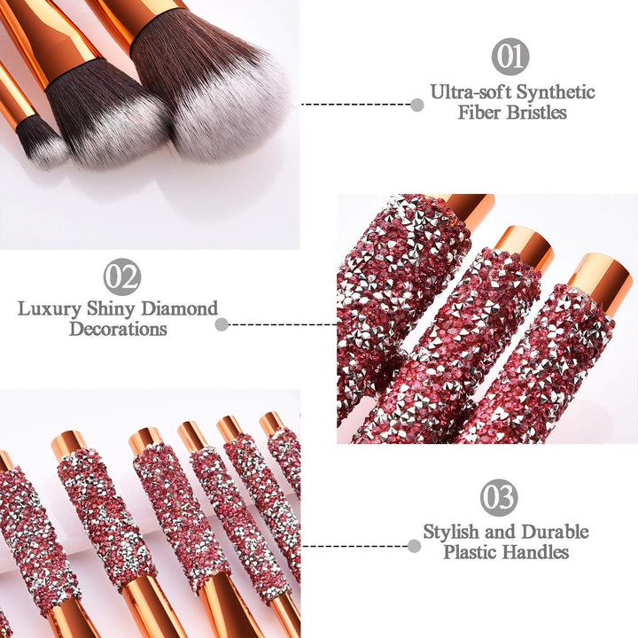 10-in-1 Diamond Inlaid Makeup Brush Set – Rhinestone Pink Professional Brushes with Storage Bag 💄✨