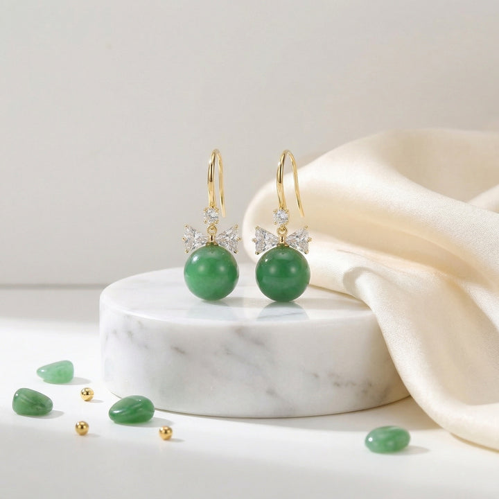925 Sterling Elegant Green Jade Drop Earrings with Bowknot Accents