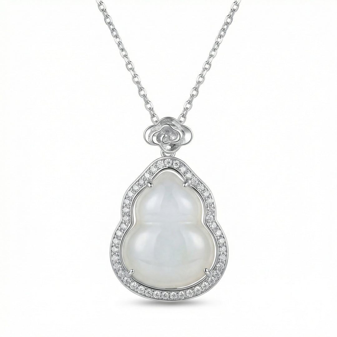 925 Sterling Silver White Jade Gourd Pendant Necklace – Elegant Design with Shimmering Stone Halo