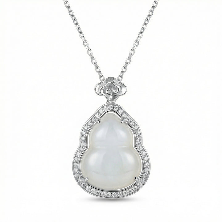 925 Sterling Silver White Jade Gourd Pendant Necklace – Elegant Design with Shimmering Stone Halo