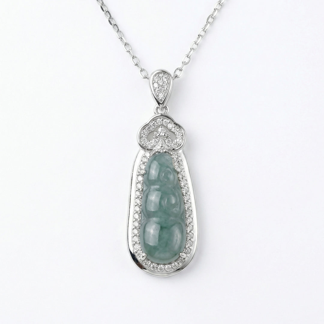 925 Sterling Silver Elegant Green Jadeite Ruyi Pendant Necklace with Diamond Accents and Silver-Tone Chain