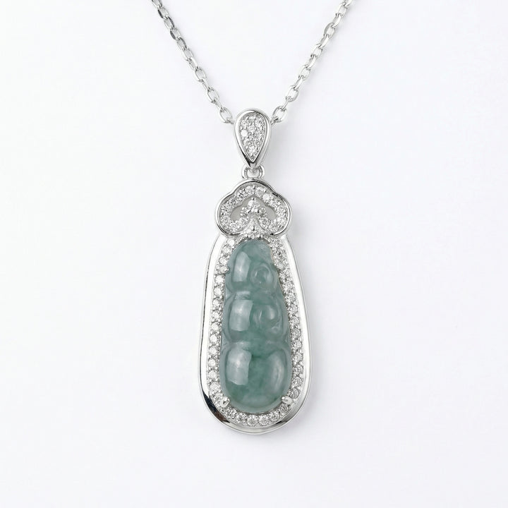 925 Sterling Silver Elegant Green Jadeite Ruyi Pendant Necklace with Diamond Accents and Silver-Tone Chain