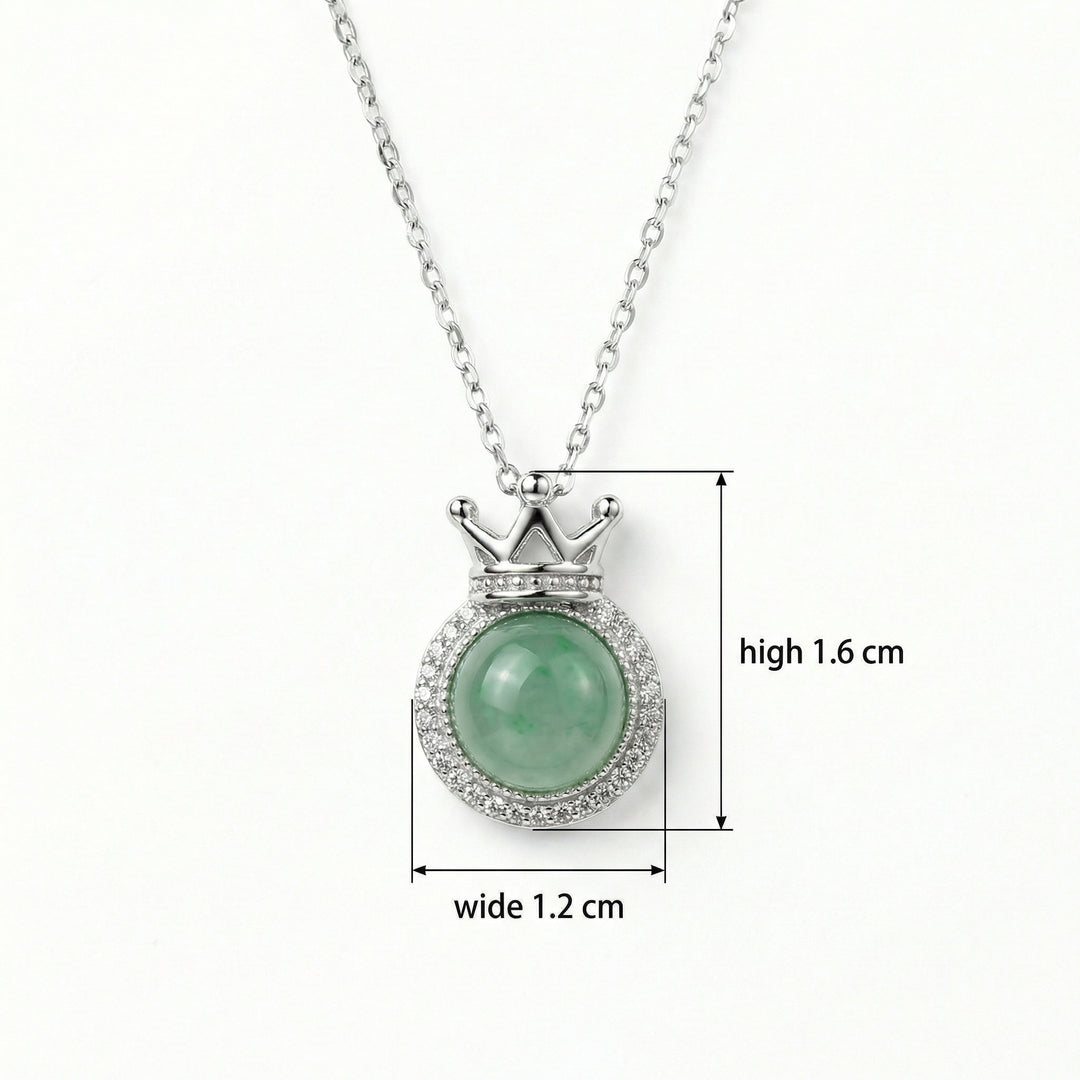 925 Sterling Silver Crown Necklace – Elegant Green Jade Pendant with Shimmering Halo