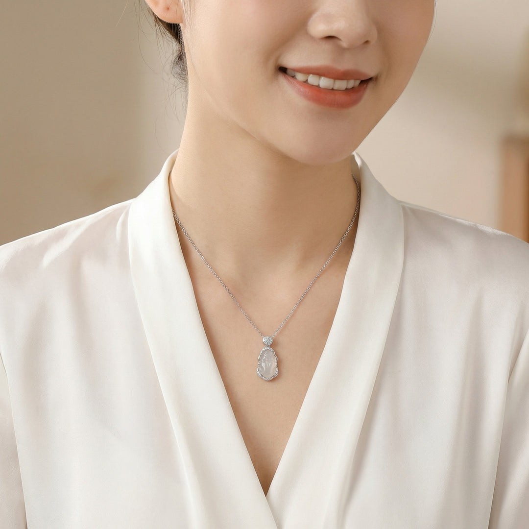 💎 White Jade Buddha Pendant Necklace with Diamond Accents
