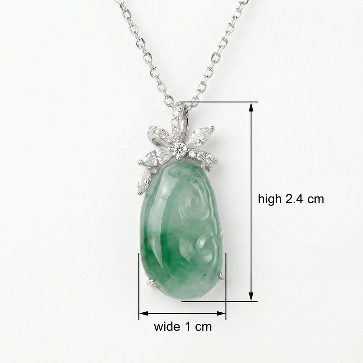 925 Sterling Silver Exquisite Carved Green Jadeite Pendant Necklace with Diamond-Set Floral Bail