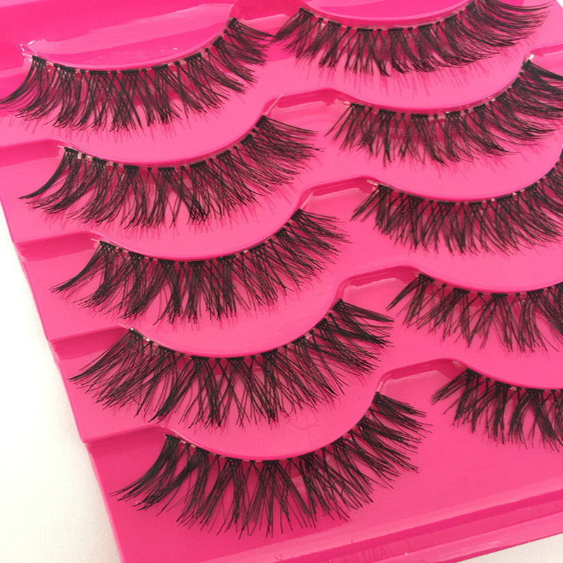 👁️✨ Man-Made Fiber Natural False Eyelashes Set – Cross Style Transparent Stem Lashes (5 Pairs)