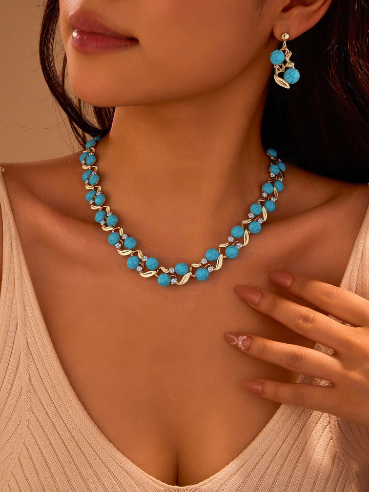 Women’s Pearl & Turquoise Necklace & Earrings Set – Versatile Elegant Jewelry