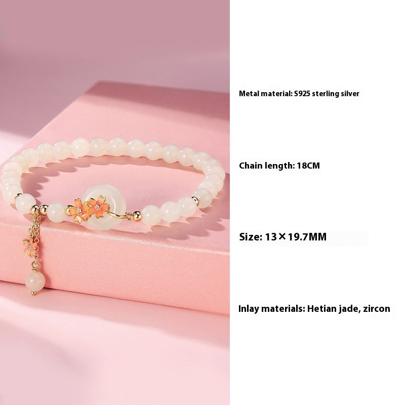 Hetian Jade Peach Blossom Bracelet – 925 Sterling Silver Mori Style Elegant Jewelry