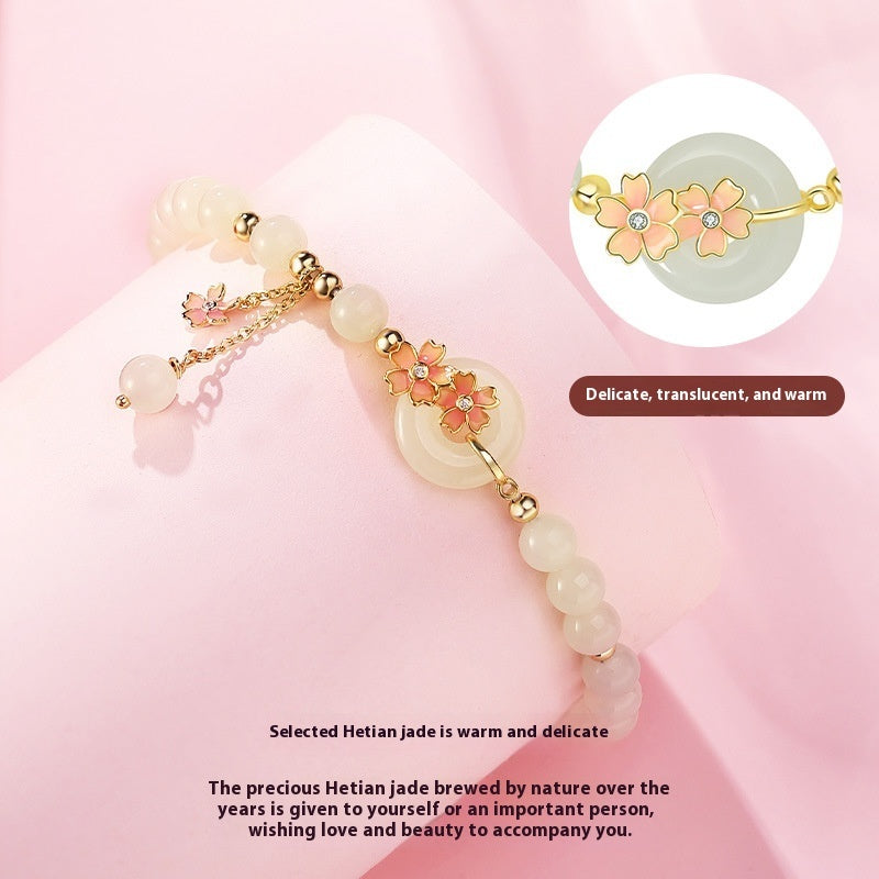 Hetian Jade Peach Blossom Bracelet – 925 Sterling Silver Mori Style Elegant Jewelry