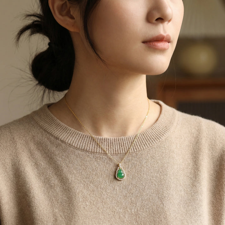 925 Sterling Silver Green Jade Hulu Pendant Necklace with Diamond Halo