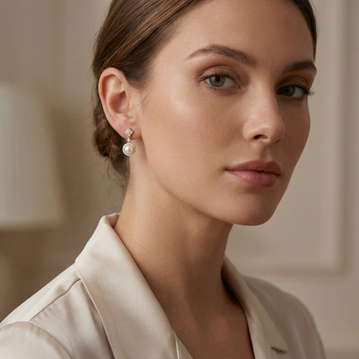 925 Sterling Silver Pearl Drop Earrings with Diamond Halo and Clover-Accent Studs