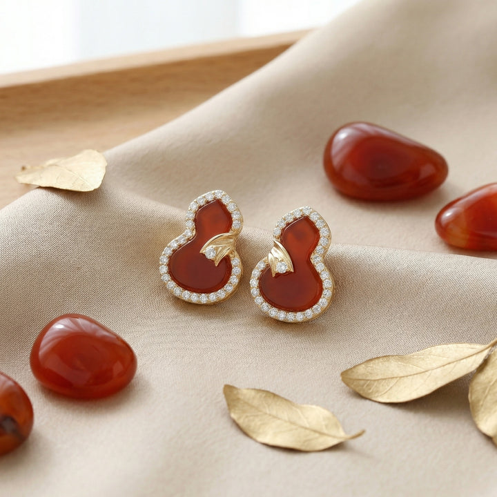 ✨ 925 Sterling Silver Red Gemstone Gourd Stud Earrings with Sparkling Halo Accents ✨