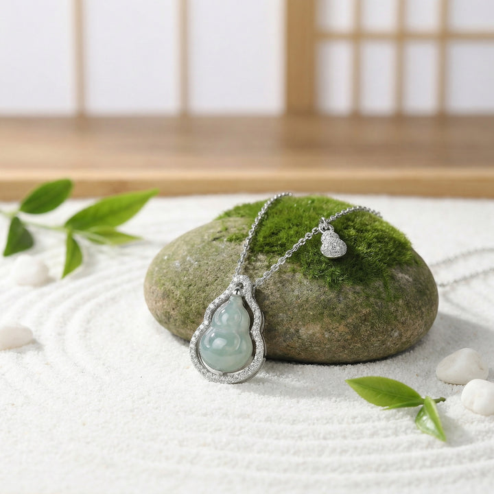 925 Sterling Silver Green Jadeite Double Gourd Pendant Necklace – Elegant Diamond Accent