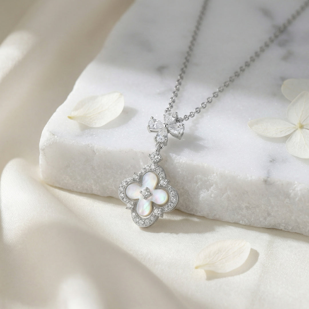 925 Sterling Silver Mother-of-Pearl Quatrefoil Necklace with Sparkling Stone Accents