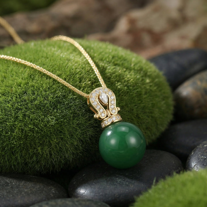 ✨ 925 Sterling Silver Elegant Green Jade Ruyi Pendant Necklace with Diamond Accents and Teardrop Charms ✨