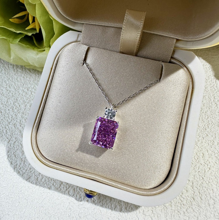 Women’s Deep Tanzanite Rectangular Necklace – 925 Silver Ice-Flower Cut Diamond Pendant