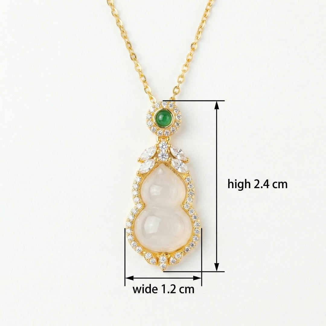 ✨ 925 Sterling Silver Elegant White Jade Hulu Necklace with Green Gemstone & Sparkling Accents ✨
