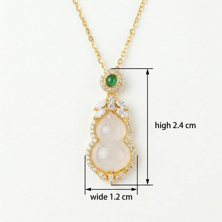 ✨ 925 Sterling Silver Elegant White Jade Hulu Necklace with Green Gemstone & Sparkling Accents ✨