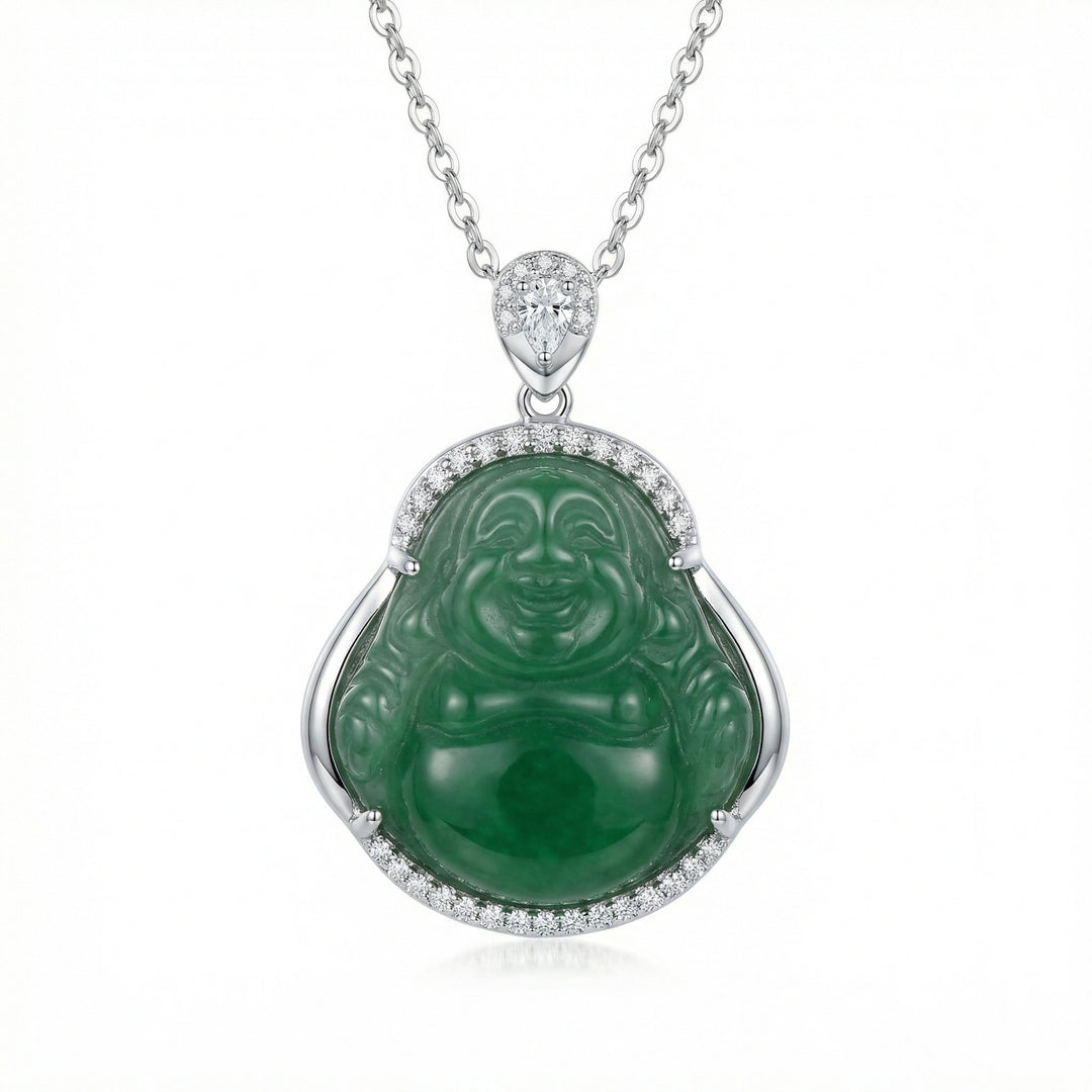 925 Sterling Silver Green Jade Laughing Buddha Necklace – Elegant Pendant with Timeless Charm