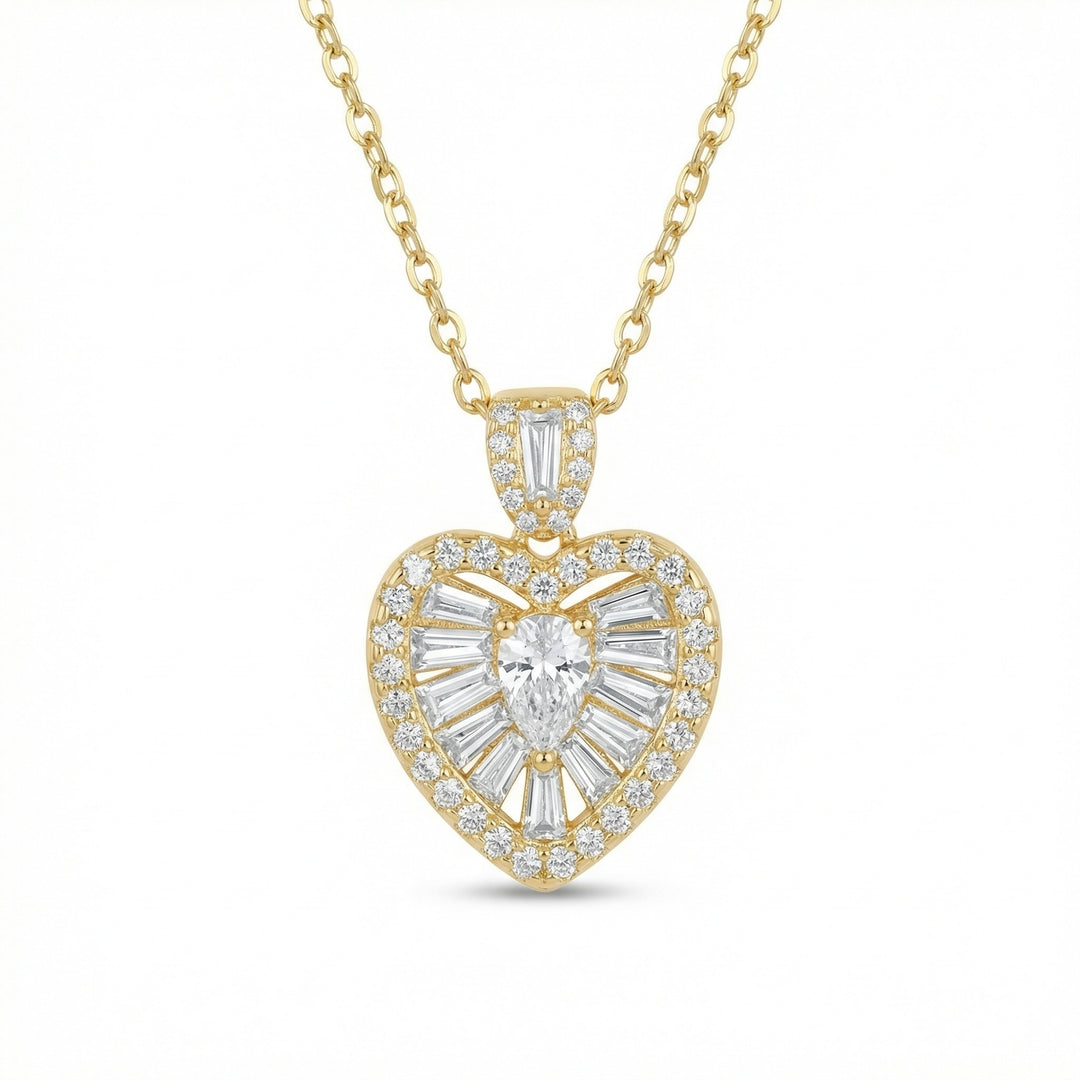 925 Sterling Silver Heart-Shaped Pendant Necklace with Pear, Baguette & Round Brilliant Diamonds