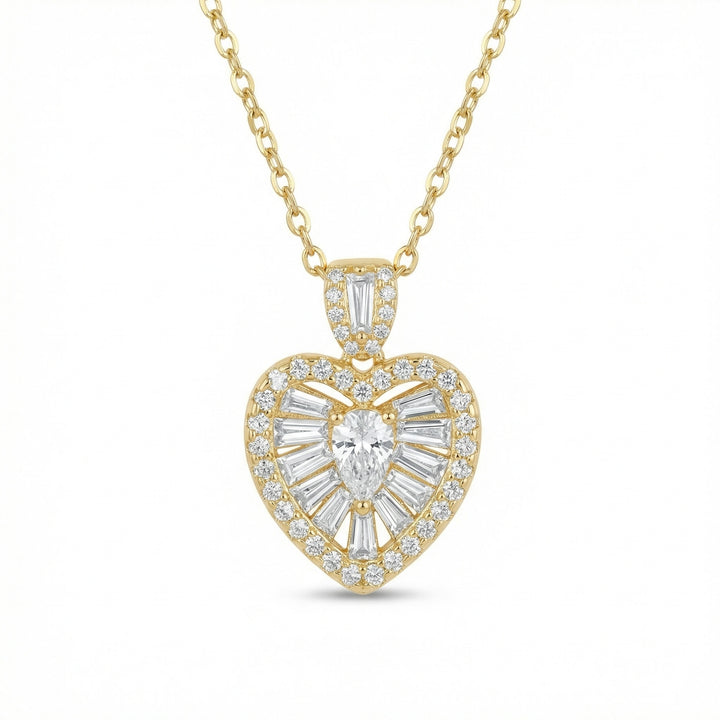 925 Sterling Silver Heart-Shaped Pendant Necklace with Pear, Baguette & Round Brilliant Diamonds