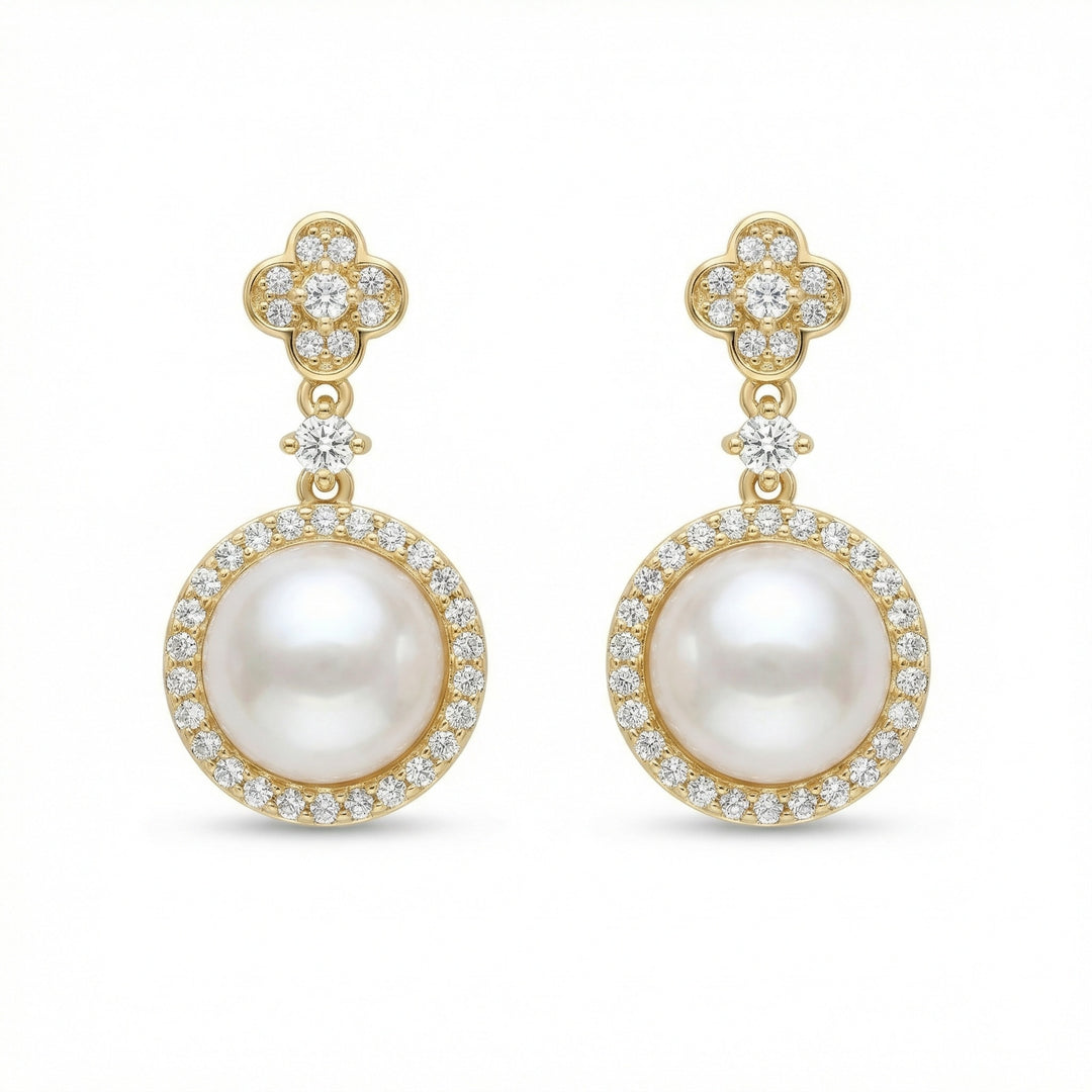925 Sterling Silver Pearl Drop Earrings with Diamond Halo and Clover-Accent Studs