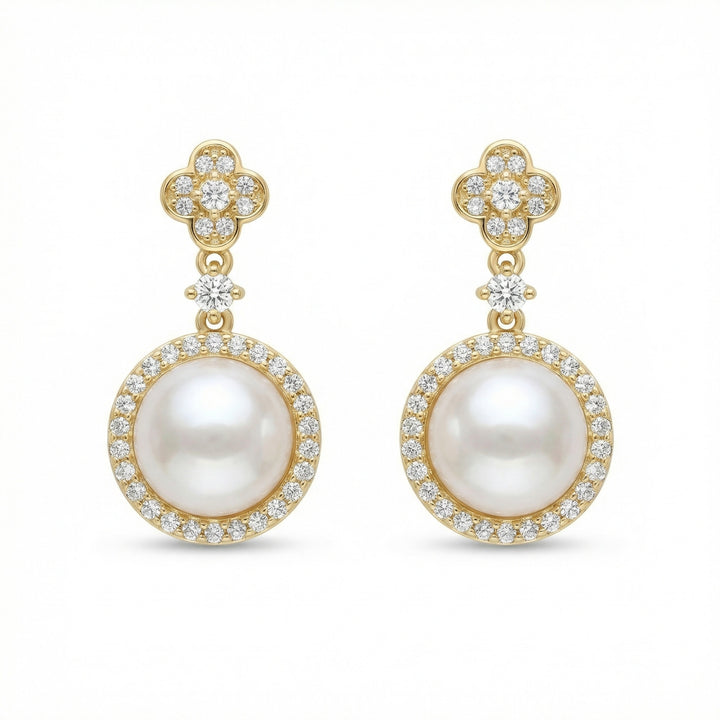 925 Sterling Silver Pearl Drop Earrings with Diamond Halo and Clover-Accent Studs