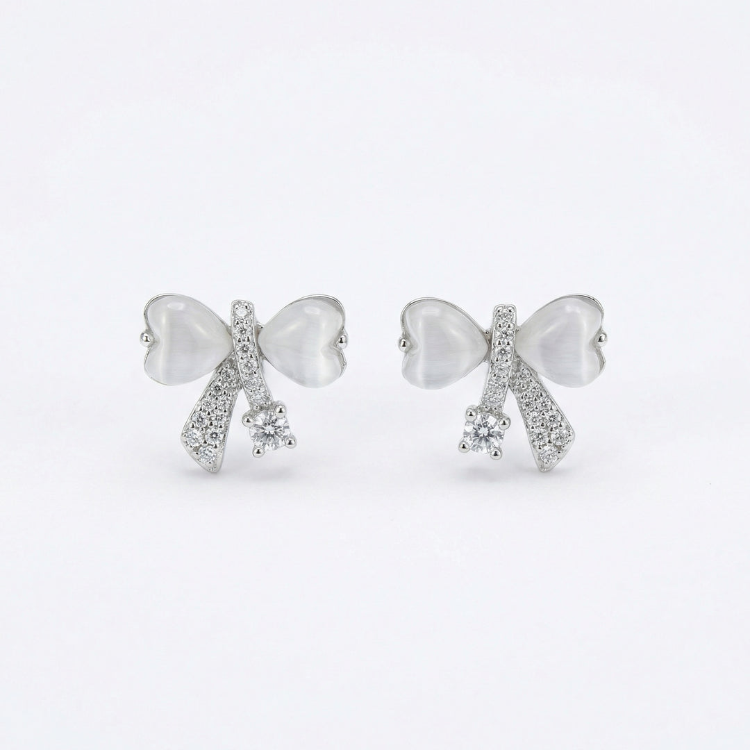 ✨ 925 Sterling Silver Heart Cat's Eye Bow Stud Earrings ✨