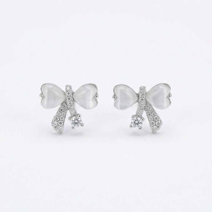 ✨ 925 Sterling Silver Heart Cat's Eye Bow Stud Earrings ✨