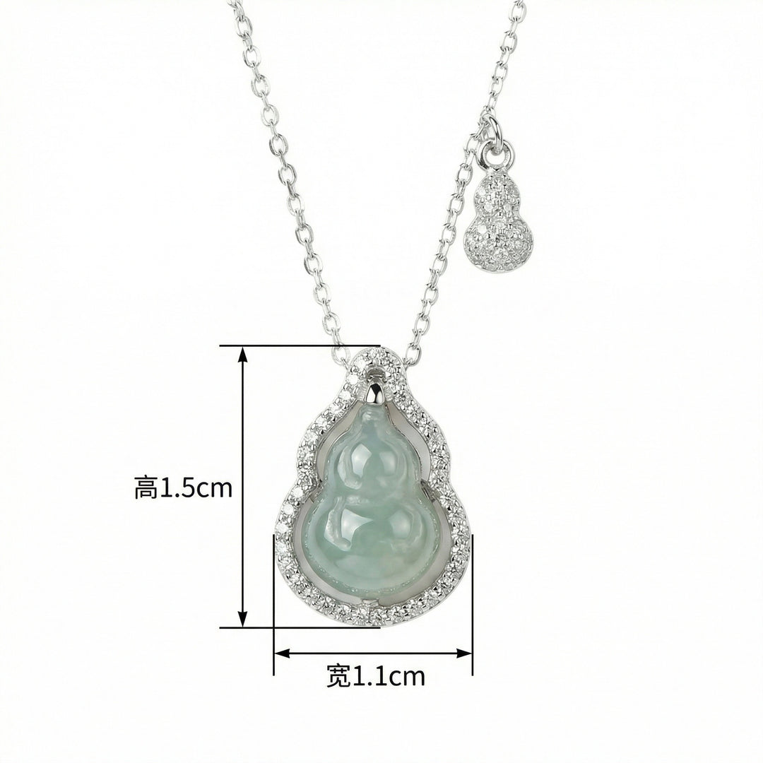 925 Sterling Silver Green Jadeite Double Gourd Pendant Necklace – Elegant Diamond Accent
