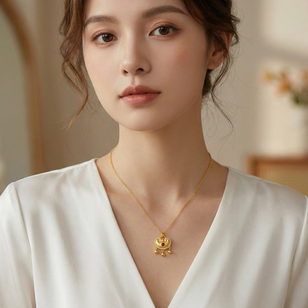 925 Sterling Silver Ruyi Lock Necklace – Red Stone Pendant with Bell Charms