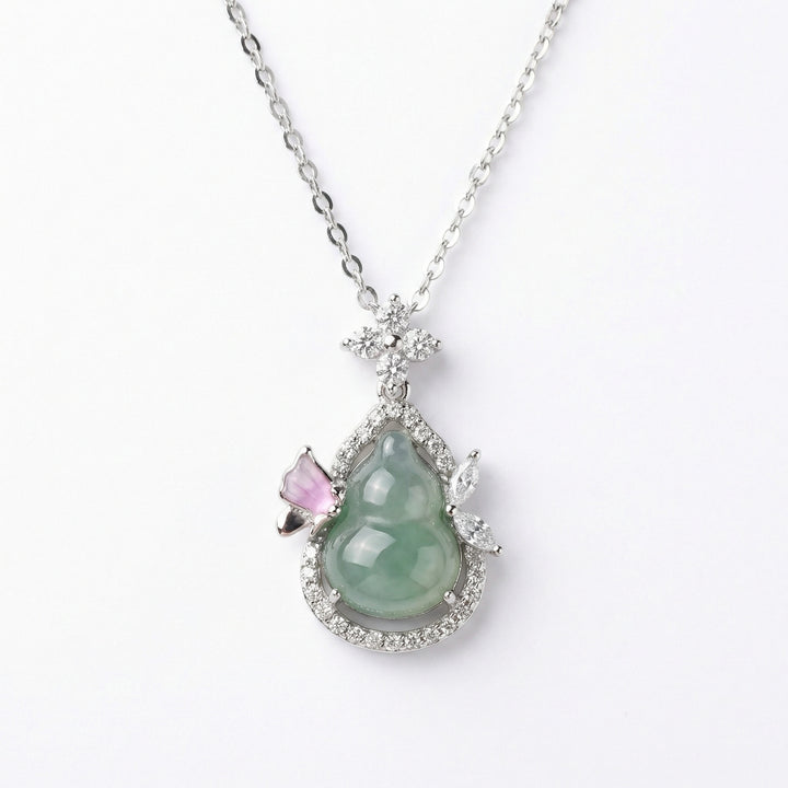 925 Sterling Silver Jadeite Gourd Pendant Necklace – Diamond & Pink Gemstone Accent