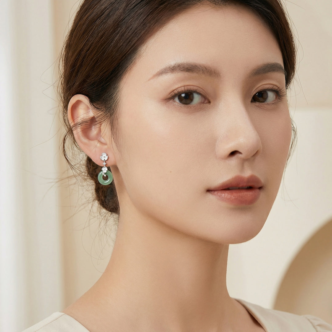 925 Sterling Silver Green Jade Floral Drop Earrings with Diamond Accents