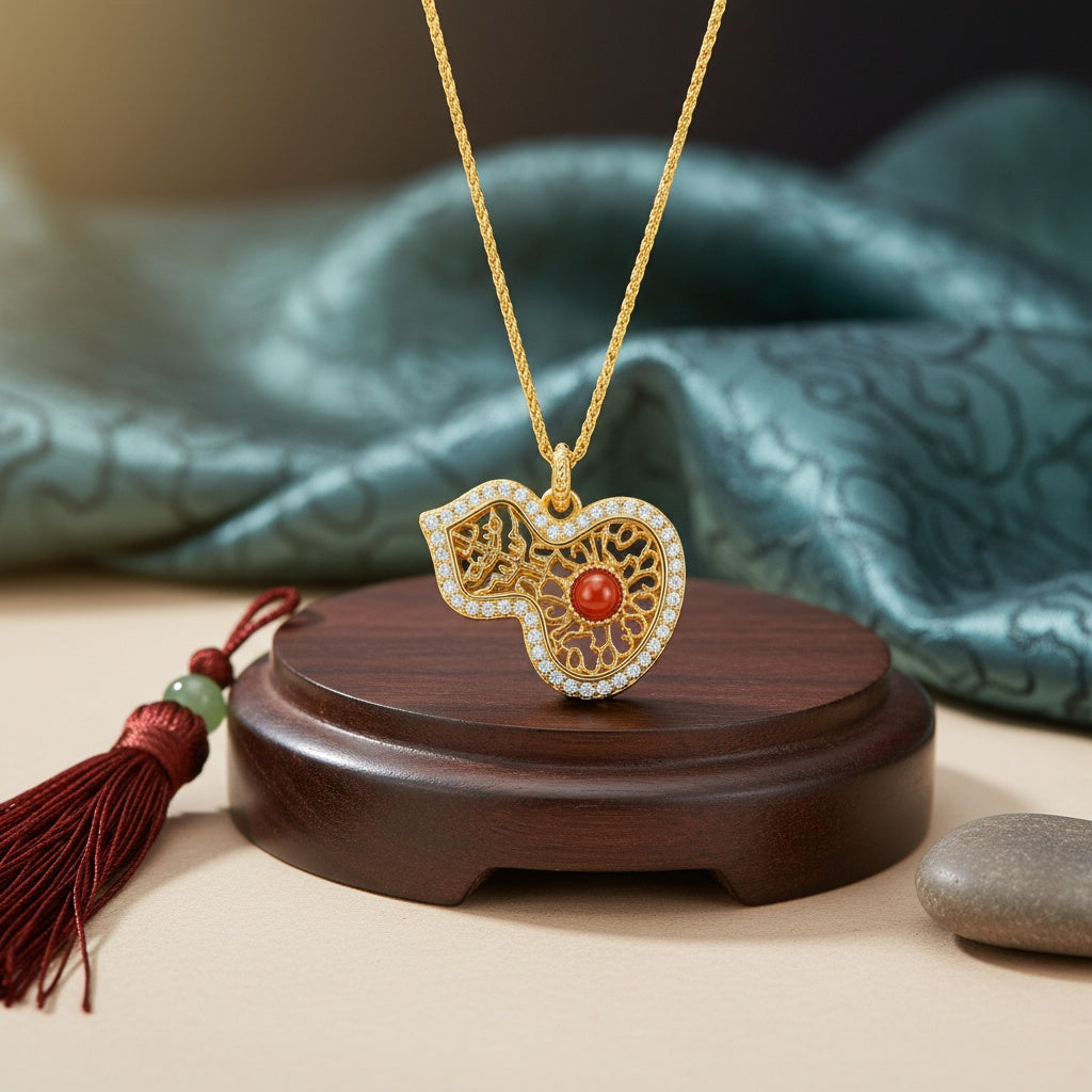 925 Sterling Silver Filigree Hulu Necklace – Red Stone Pendant with Crystal Accents