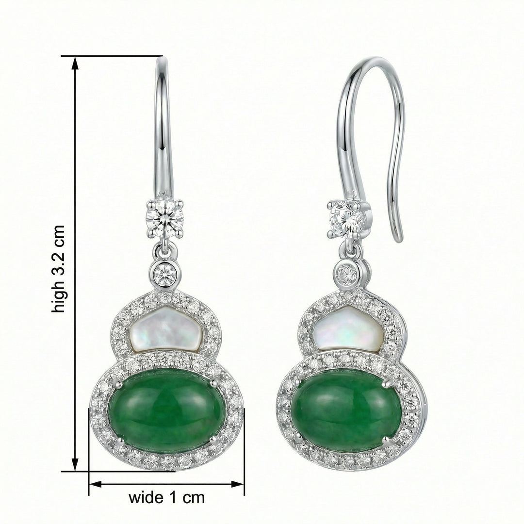 925 Sterling Silver Green Jadeite and Mother-of-Pearl Hulu Gourd Drop Earrings
