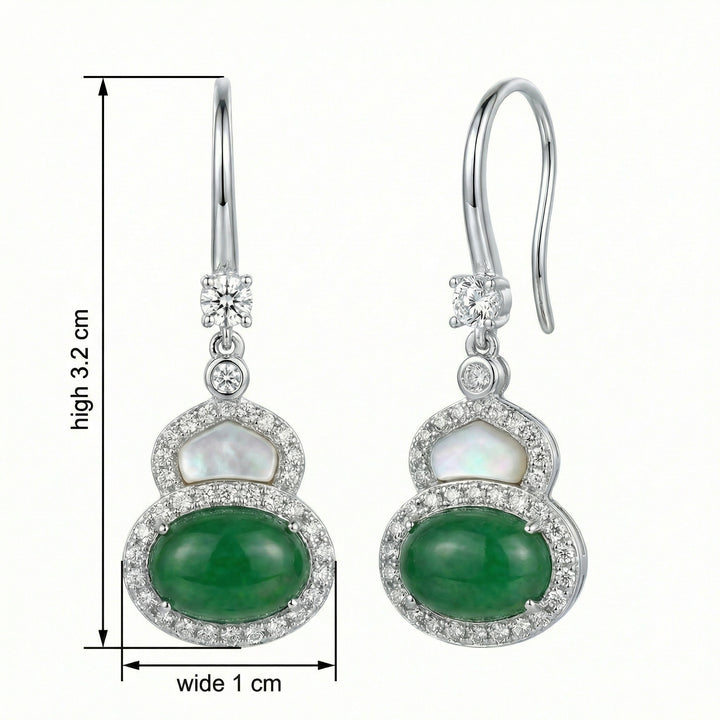 925 Sterling Silver Green Jadeite and Mother-of-Pearl Hulu Gourd Drop Earrings