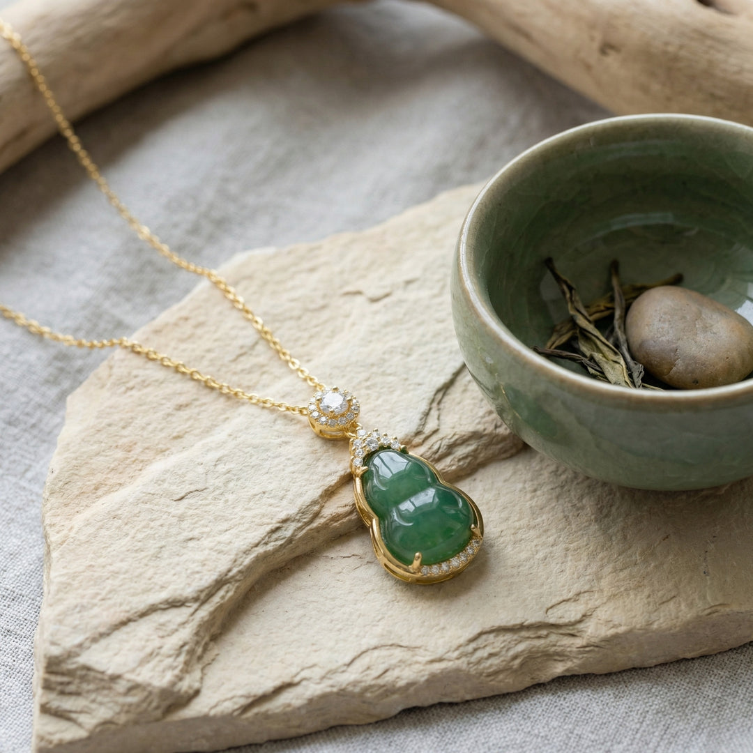 ✨ 925 Sterling Silver Elegant Green Jadeite Hulu Gourd Necklace with Sparkling Accents and Halo Bail ✨