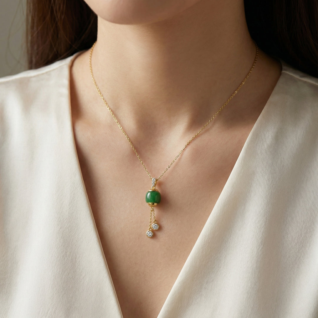 💚 Green Jadeite Barrel Pendant Necklace with Diamonds