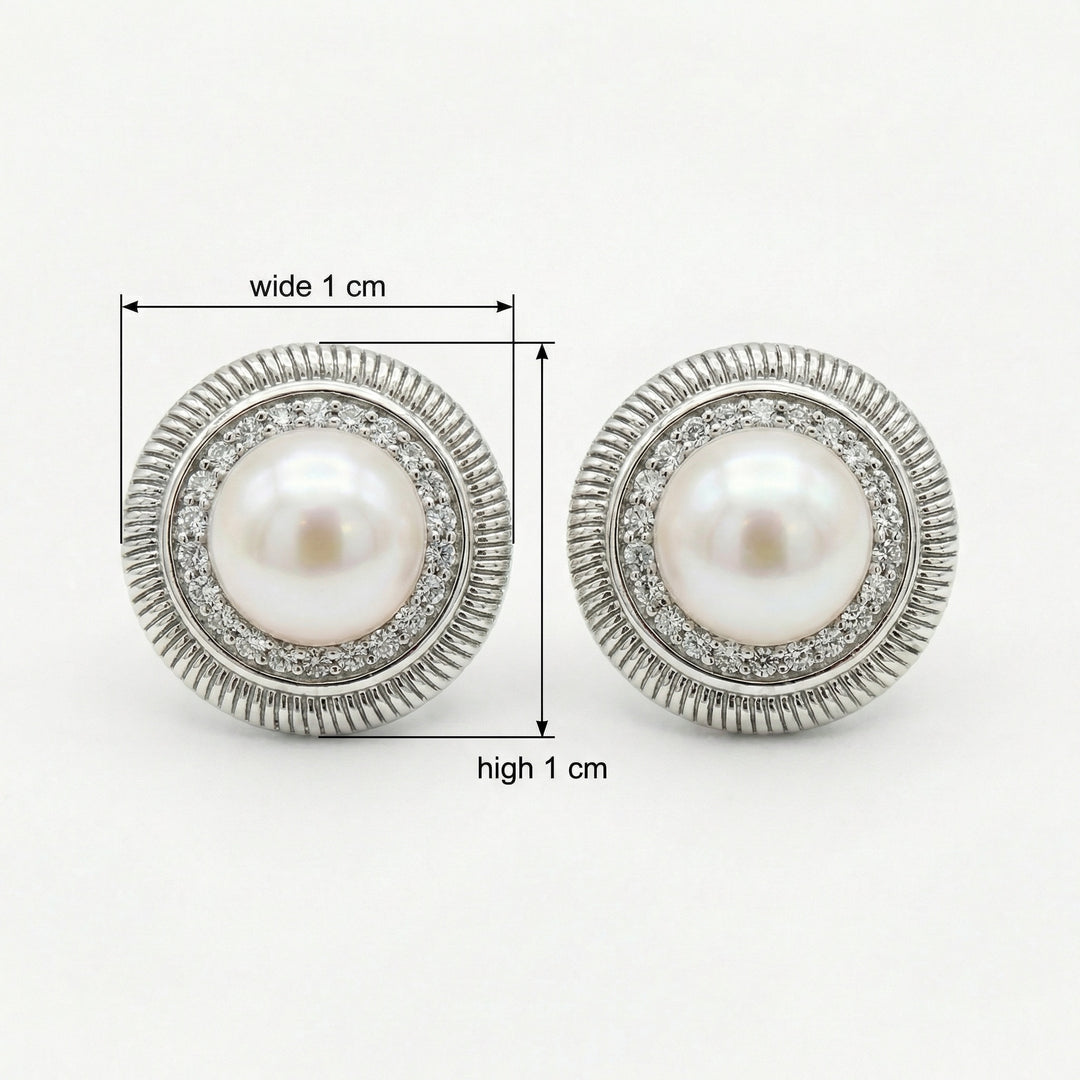 ✨ 925 Sterling Silver Pearl & Diamond Halo Stud Earrings with Ribbed Frame ✨