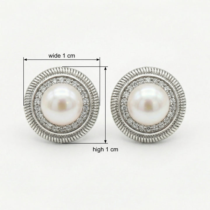 ✨ 925 Sterling Silver Pearl & Diamond Halo Stud Earrings with Ribbed Frame ✨
