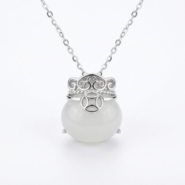 925 Sterling Silver Translucent White Bead Necklace – Elegant Lucky Coin Pendant