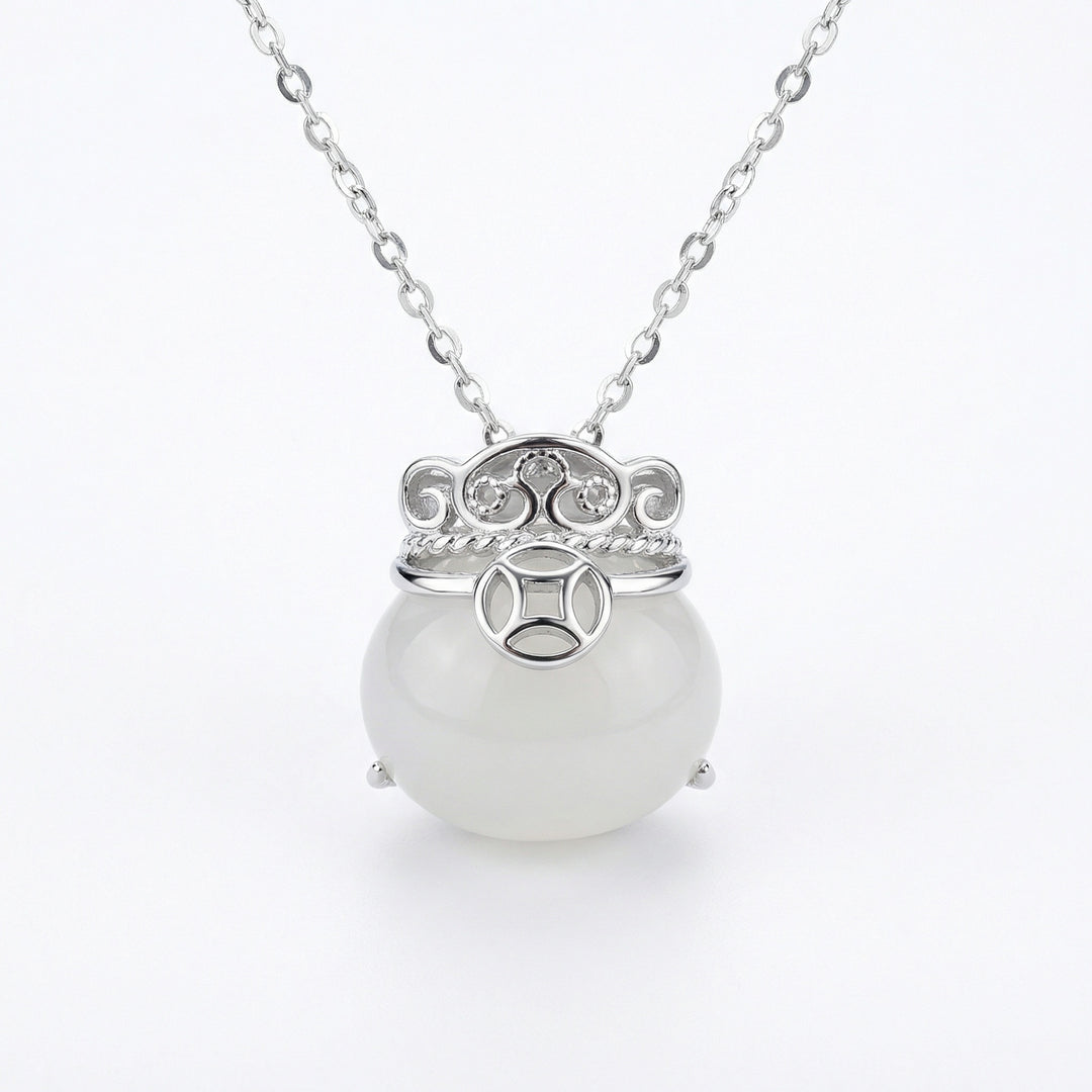 925 Sterling Silver Translucent White Bead Necklace – Elegant Lucky Coin Pendant