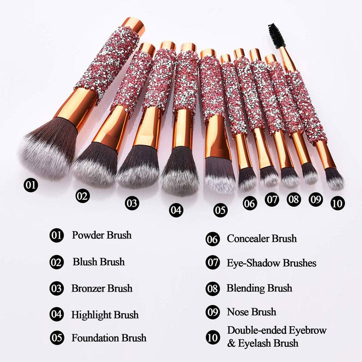 10-in-1 Diamond Inlaid Makeup Brush Set – Rhinestone Pink Professional Brushes with Storage Bag 💄✨